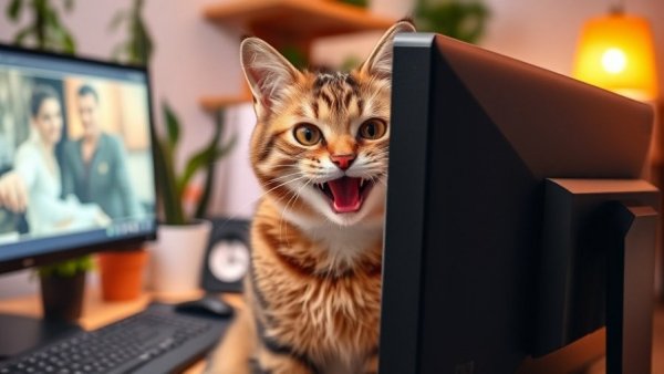 Humorous cat antics blocking computer screen with playful expression.