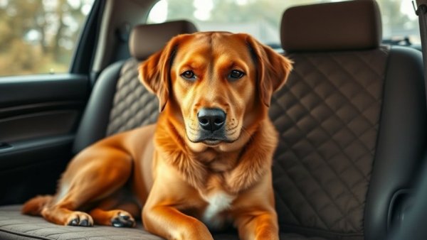 Brown dog on Ruffliners seat cover for comfort in car.