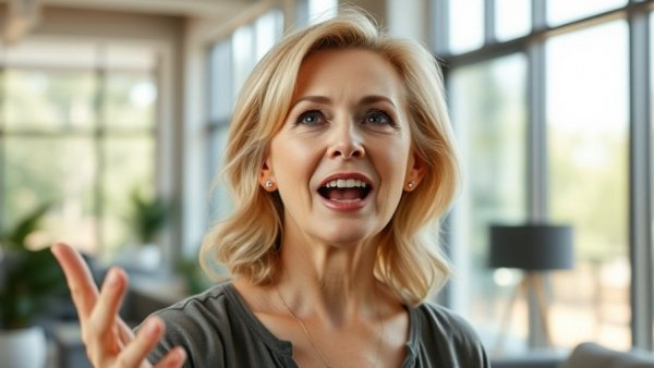 Energetic woman discussing health in modern setting.