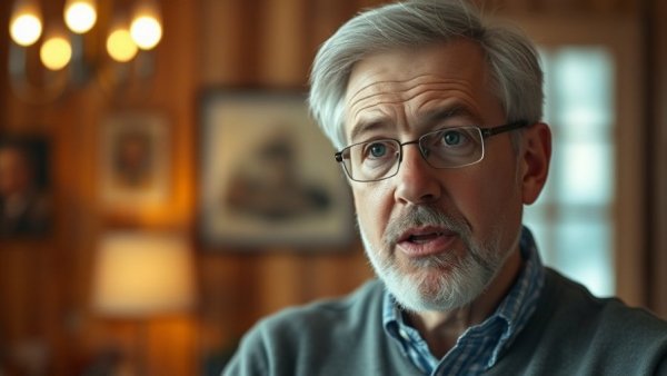 Middle-aged man discussing AI limitations with warm lighting.