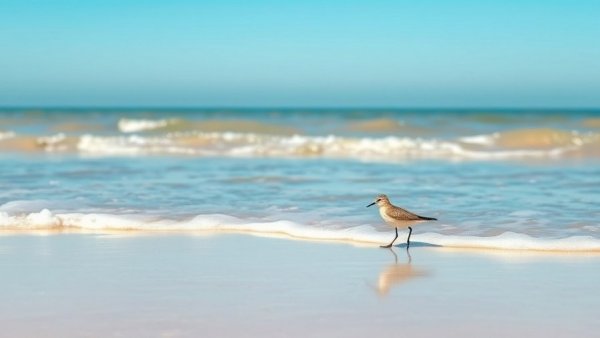 Tranquil bird on beach, gentle waves, pet behavior problems concept.