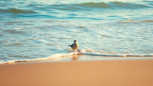 Little bird frolicking on sunny beach waves.