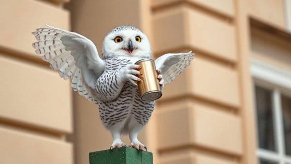 Owls funny and underrated: playful snowy owl mimicking can.