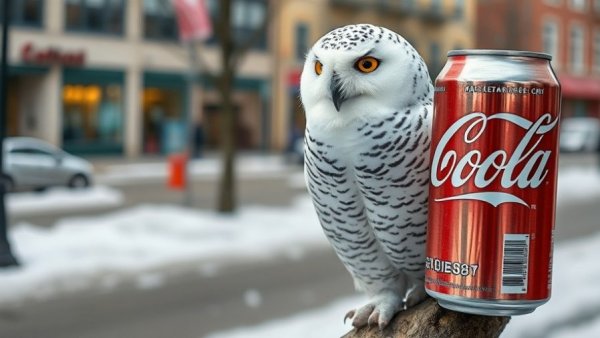 Humorous snowy owl next to soda can, evoking 'pet funniest videos'.