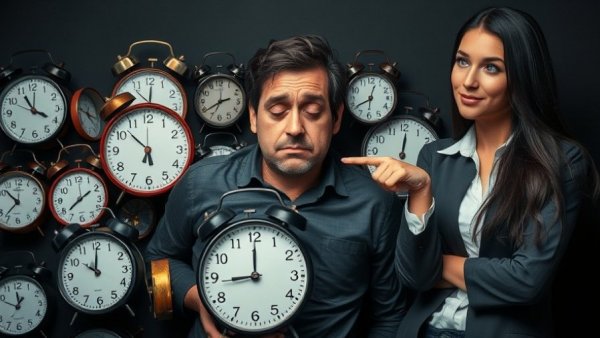 Confident woman presents advice on sleep with tired man and clocks