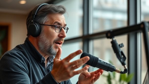 Middle-aged man discussing impact of doomscrolling on sleep in podcast.