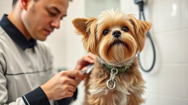 Dog grooming session in progress with trimming techniques.