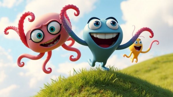 Vibrant characters with tentacle arms in a humorous cartoon style.