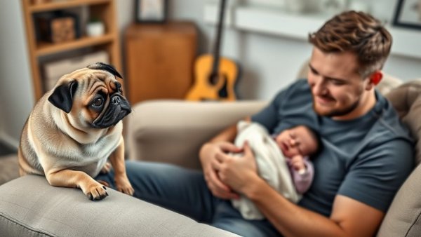 Curious pug watches man holding newborn in warm, cozy setting.