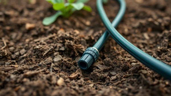 Drip tape for efficient gardening watering system, close-up on soil.