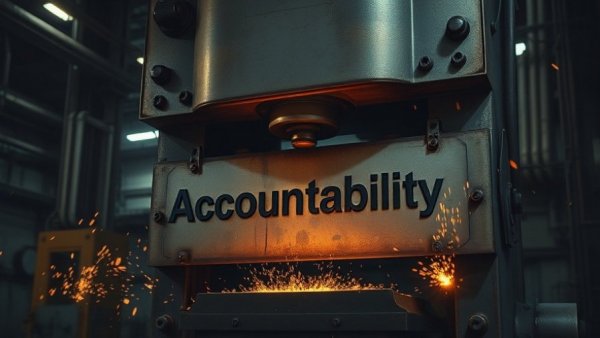 Industrial press stamping metal plate labeled Accountability in factory.