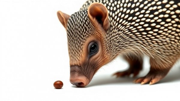 Armadillo in a photoshoot, sniffing in a minimalist setting.