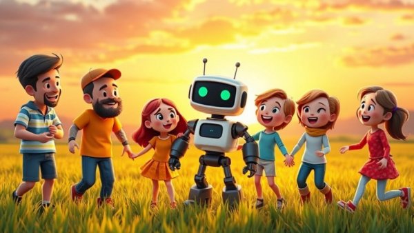 Pet comedy cartoon family with robot in bright pixel art style.