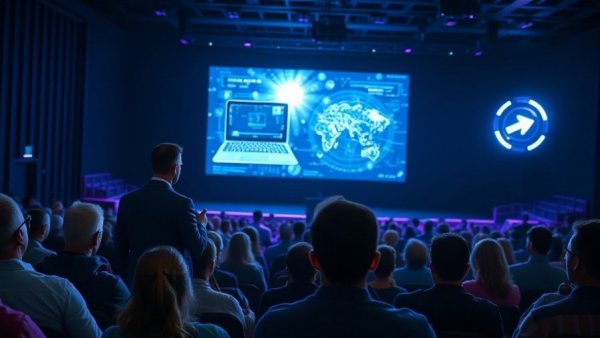 AI Uncovered event with futuristic laptop presentation on stage.