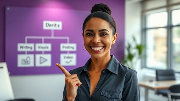 Growth AI Strategy visualization with content tools and smiling woman.