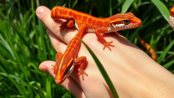 Red striped gargoyle geckos resting on a hand in grass.