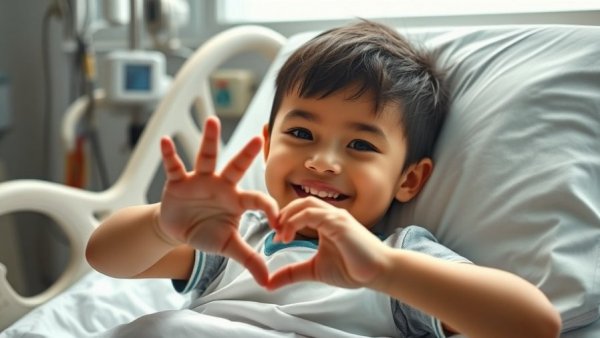 Importance of volunteers in child health: smiling child making a heart shape in a hospital bed.