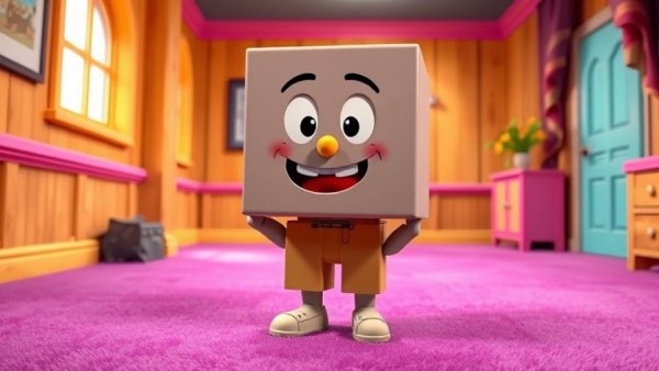 Blocky animated character in a humorous scene, vibrant room, pet comedy.