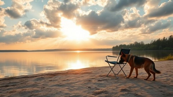 Serene lakeside scene with chairs and dog - Choosing Calm Waters