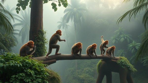Monkeys building a bridge in a misty jungle canopy.