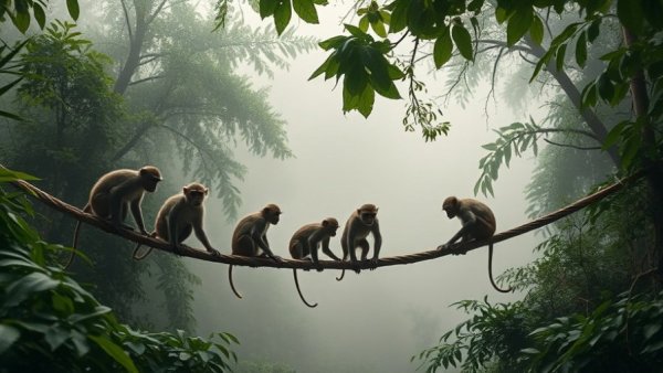 Monkeys building a bridge in a misty jungle.