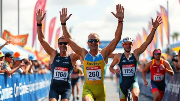 Triathletes celebrating at triathlon event, Norway dominates.