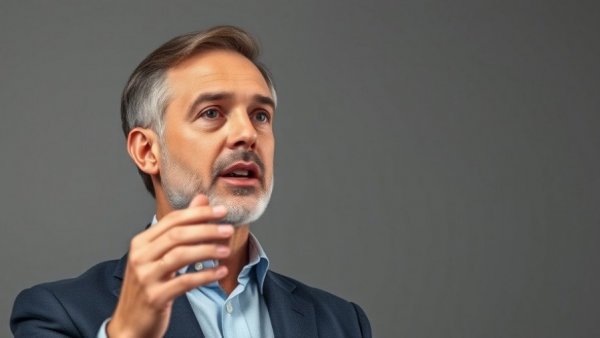 Middle-aged man passionately speaking, simple background