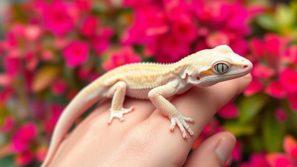 Pale leucistic crested gecko resting on a hand with grassy background.