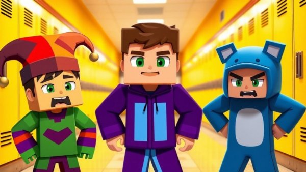 Playful Minecraft-style characters in school setting for pet comedy theme.
