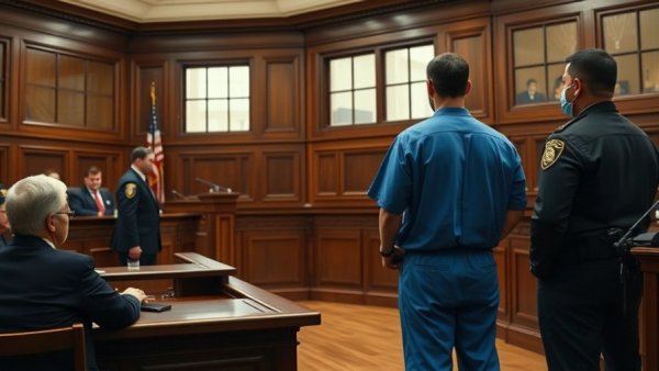 Courtroom scene from local Ohio news, defendant and officers present.