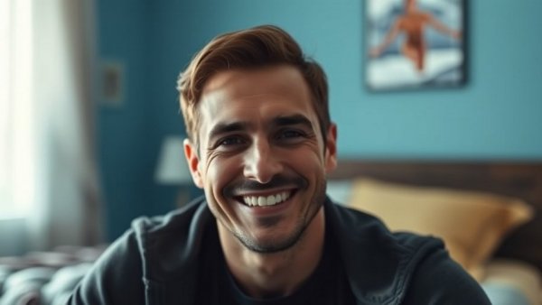 Adult male smiling indoors, blurred bed in background