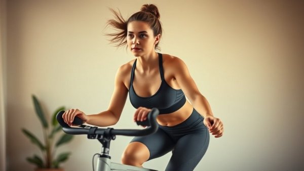 Athletic woman practicing cycling indoors for triathlon training, Rouvy app.