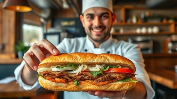 Chef presenting a delightful gourmet sandwich in Ohio restaurant.