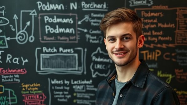 Podman features for developers explained by a young man in front of a blackboard.