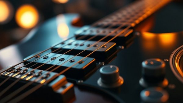 Detailed close-up of electric guitar strings and pickups, illustrating how electric guitar makes sound.