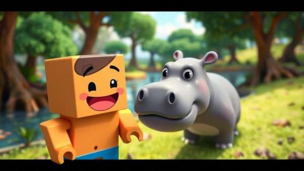 Hilarious pets in a cartoon scene with a playful hippo.