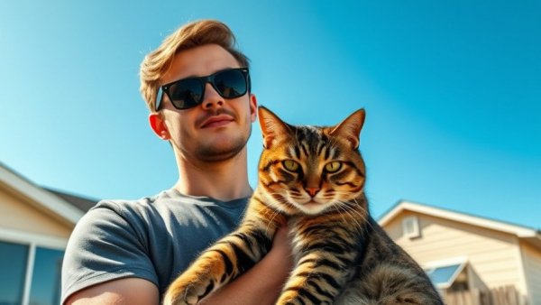 Casual young man holding a tabby cat outdoors in bright sunlight.