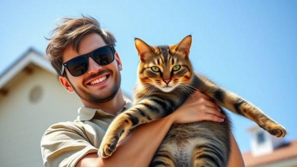 Young man holding tabby cat outdoors under blue sky.