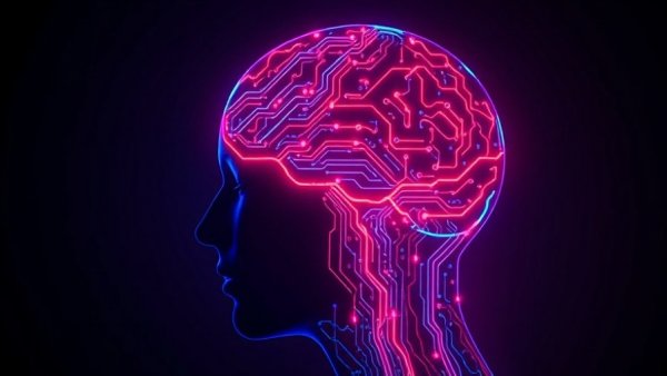 Futuristic AI head with neon circuits.