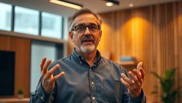 Man explaining in a warmly lit office, cybersecurity discussion.