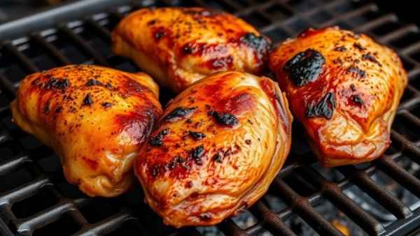 Juicy grilled chicken thighs on a metal grill, perfect for healthy dining Ohio menu.