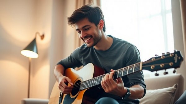 Musician casually playing guitar, discussing music in a cozy room