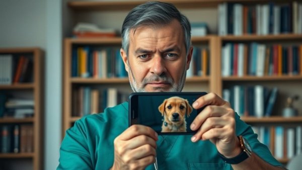 Man in scrubs holding phone with pet image, grief after your pet dies.