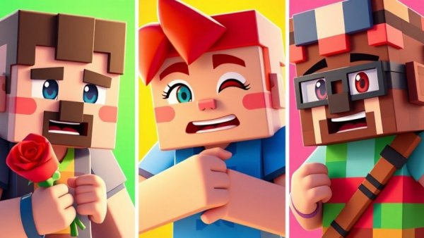 Vibrant cartoon triptych with comical Minecraft characters.
