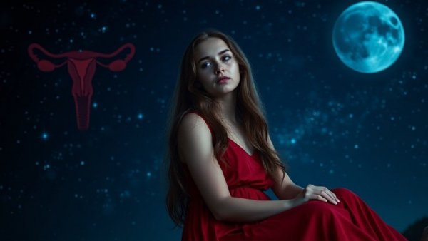 Woman pondering menstrual cycle and moon connection under starry night.