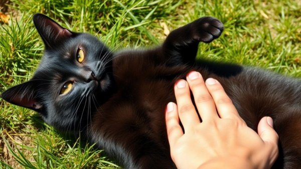 Hilarious black cat sleeping pose with paw raised on grass