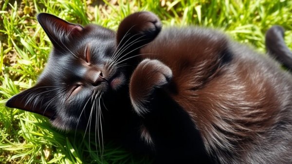 Funny moments of cats: black cat blissfully content on grass.