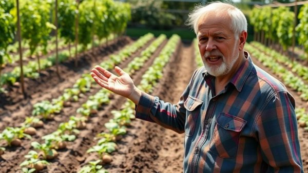 Gardener giving tips on planting potatoes in a lush garden.