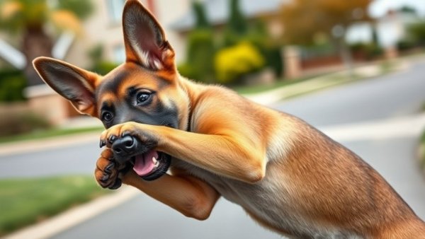 Playful Belgian Malinois puppy on a suburban street.