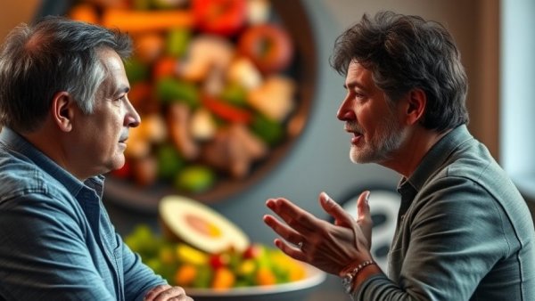 Speaker discussing foods that fight cancer, blurred plate background.